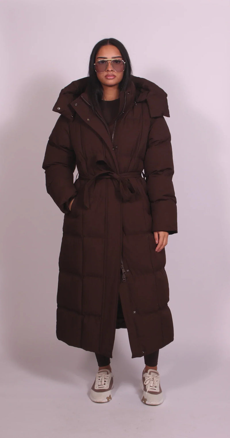 Aldenna | Women's Long Hooded Puffer Winter Coat - Dark Brown - Image 1