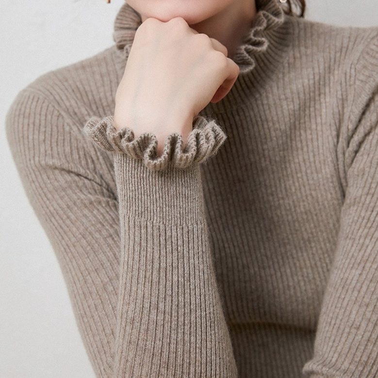 Arvinna | Women's Ribbed Turtleneck Sweater Ruffle Trim - Taupe - Image 1