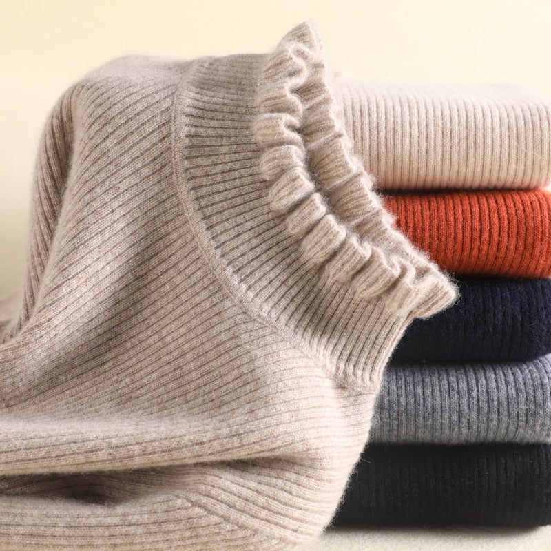 Arvinna | Women's Ribbed Turtleneck Sweater Ruffle Trim - Taupe - Image 2