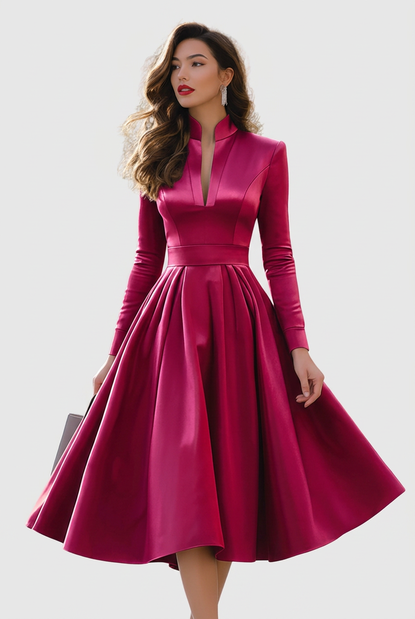 Avelora | Women's Midi Dress Long Sleeve V-Neck - Burgundy - Image 1