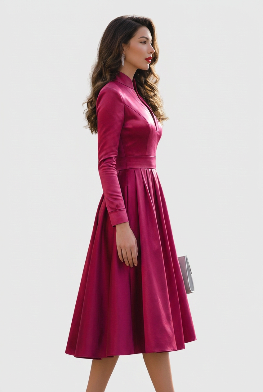 Avelora | Women's Midi Dress Long Sleeve V-Neck - Burgundy - Image 2