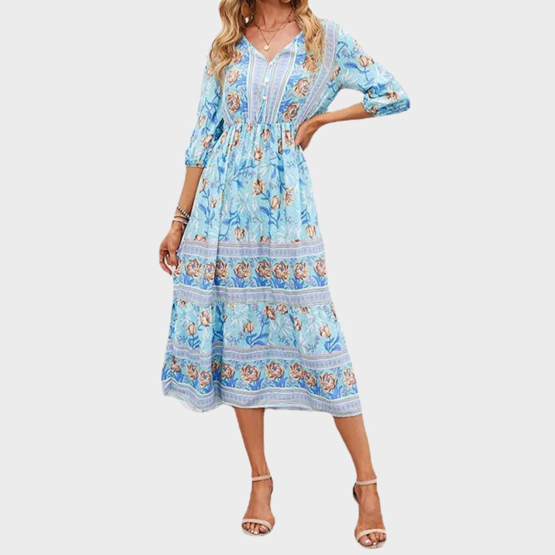 Belvonne | Women's Boho Midi Dress - Light Blue - Image 1