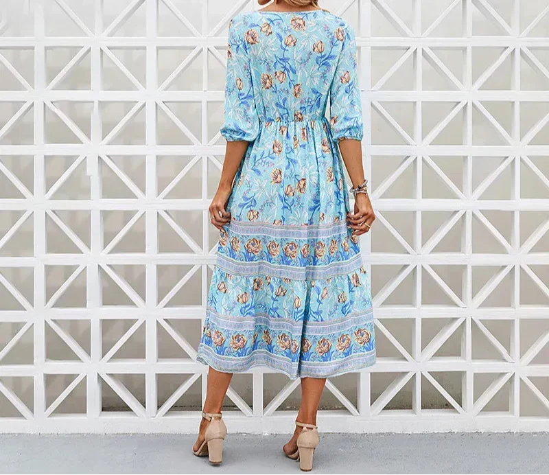 Belvonne | Women's Boho Midi Dress - Light Blue - Image 2