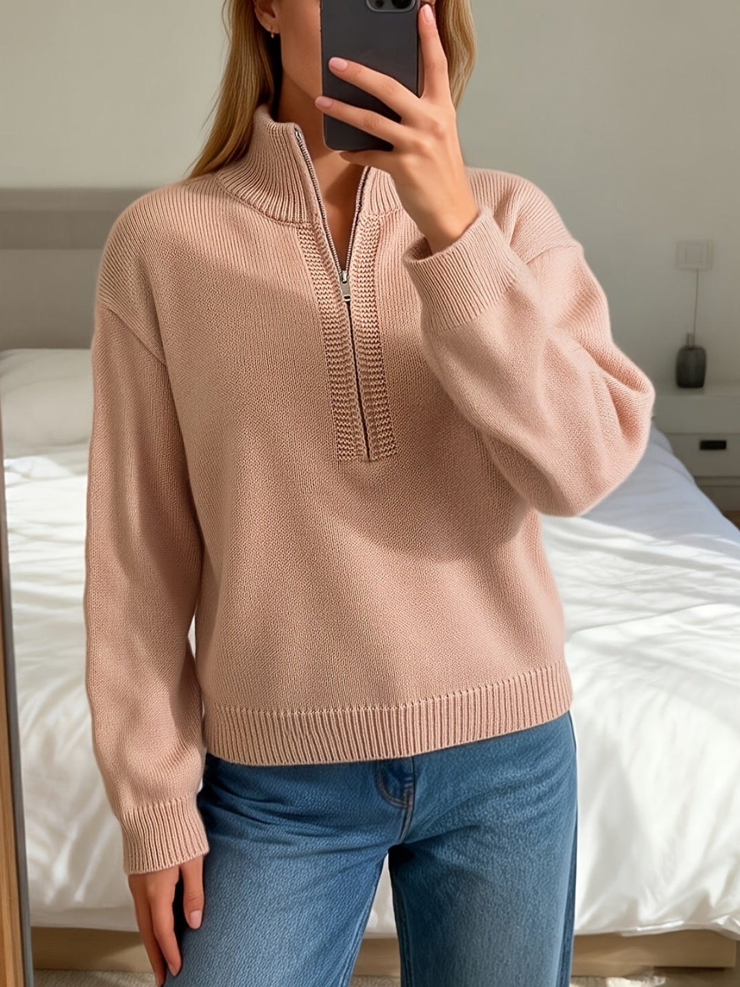 Brennwynn | Women's Quarter-Zip Knit Sweater - Light Pink - Image 1