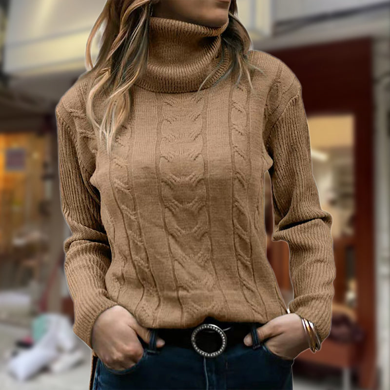 Caldorvaine | Women's Turtleneck Cable Knit Sweater - Camel - Image 1