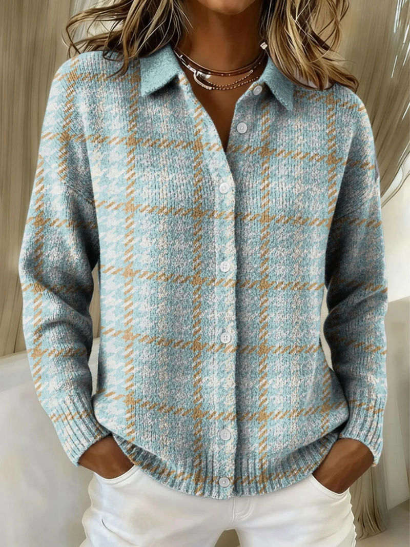 Calloway | Women's Plaid Knit Button-Up Cardigan - Light Blue - Image 1