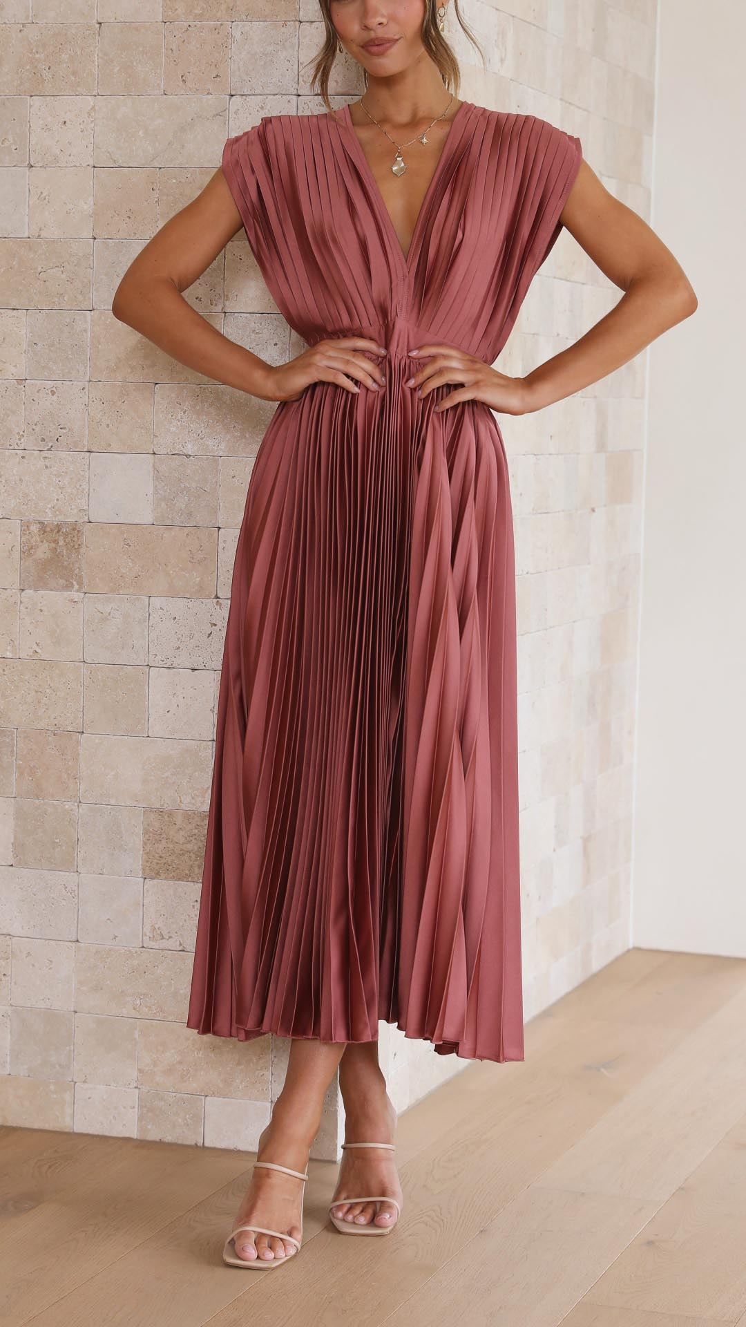 Calvara | Women's Fall Wedding Guest Pleated Midi Dress - Pink - Image 1