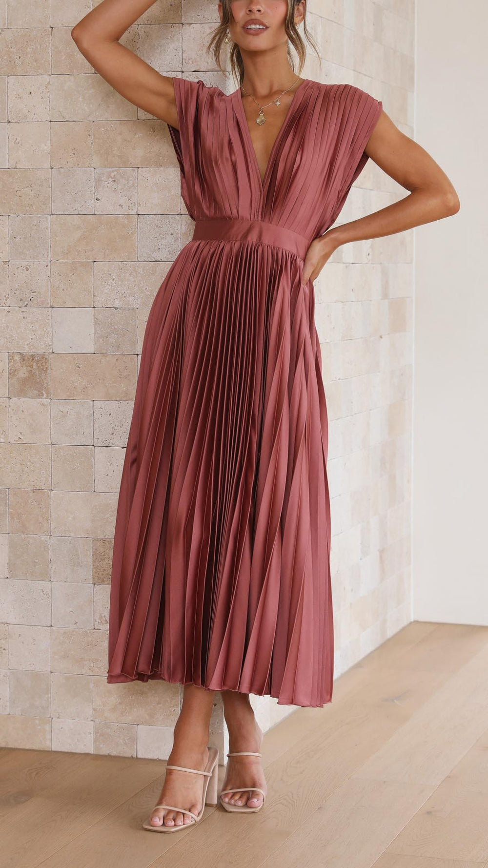 Calvara | Women's Fall Wedding Guest Pleated Midi Dress - Pink - Image 2