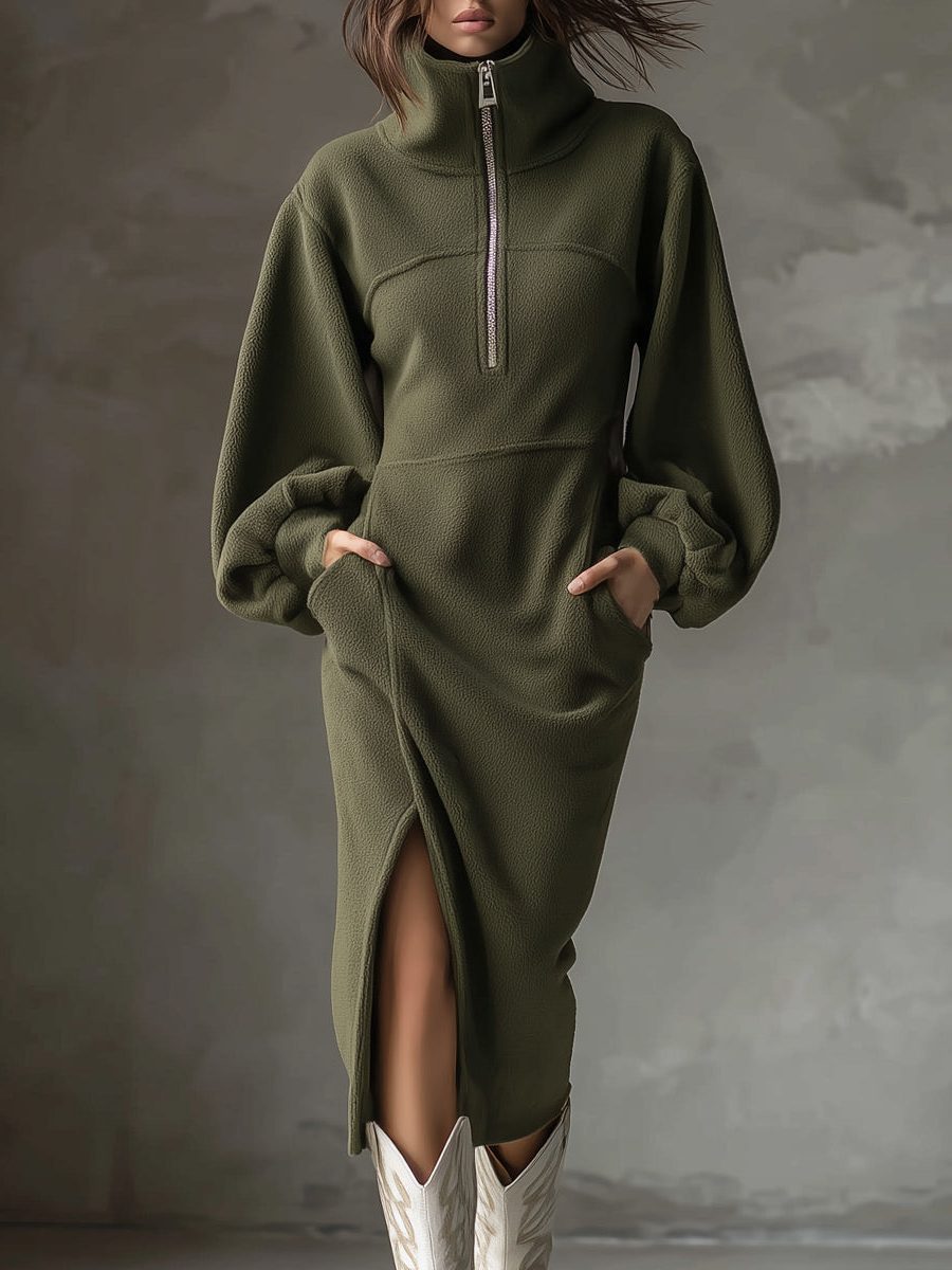 Calveth | Women's Fleece Midi Sweatshirt Dress - Olive Green - Image 1