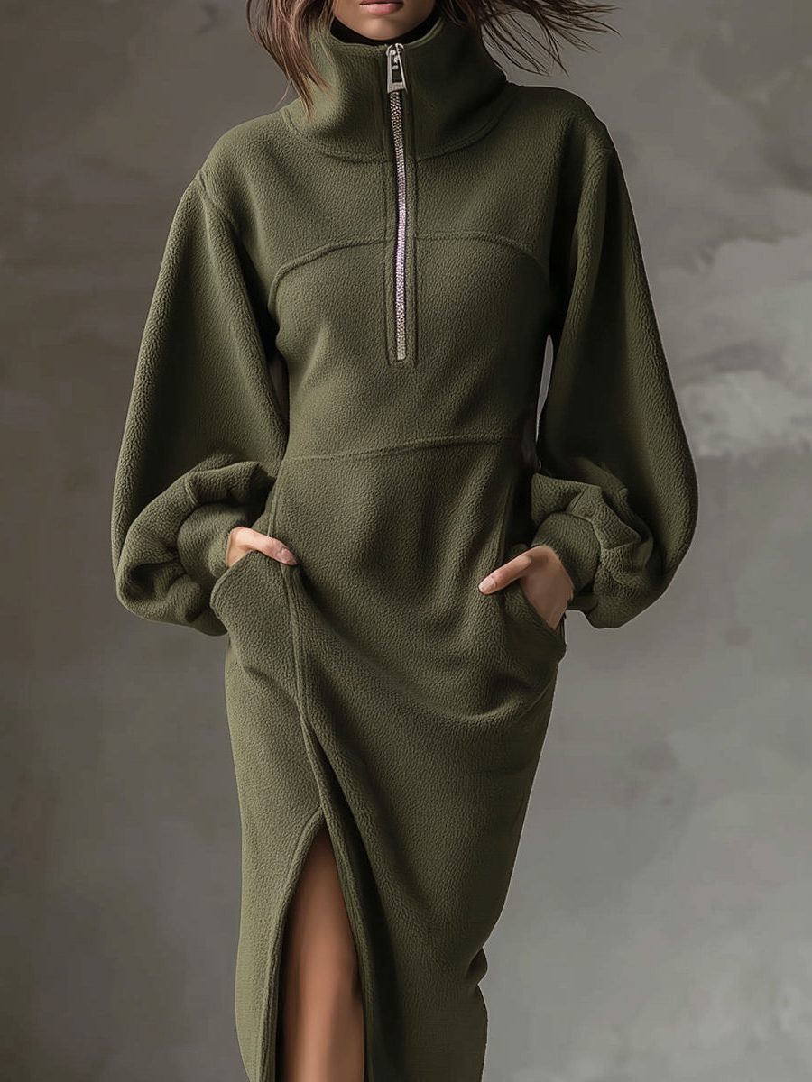 Calveth | Women's Fleece Midi Sweatshirt Dress - Olive Green - Image 2