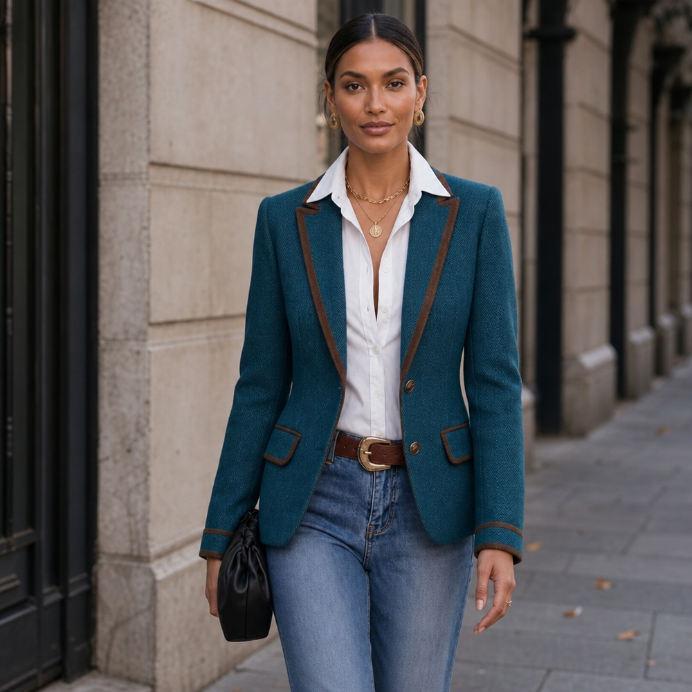 Calveth | Women's Herringbone Blazer Contrast Piped Jacket - Teal - Image 2