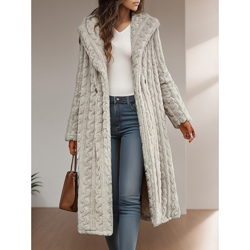Calveth | Women's Long Faux Fur Winter Coat - Light Grey - Image 1