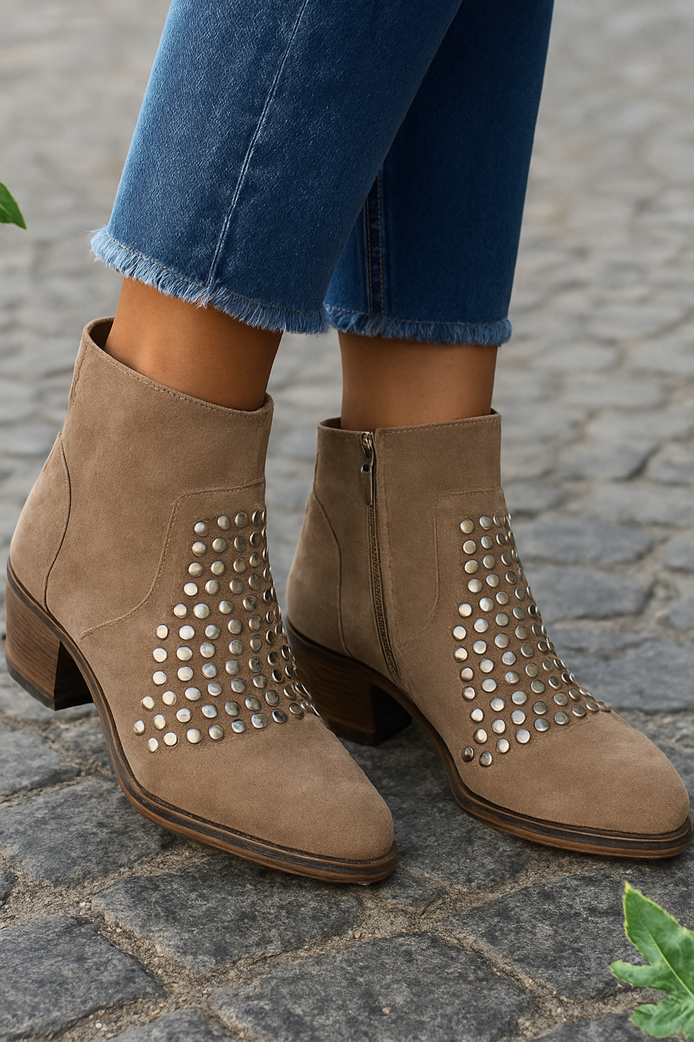 Calveth | Women's Studded Ankle Boots Western Block Heel - Taupe - Image 2