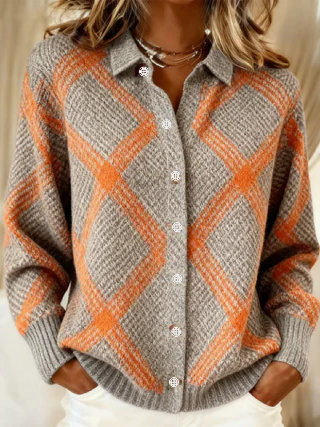 Calvina | Women's Argyle Button-Up Cardigan Sweater - Grey - Image 1