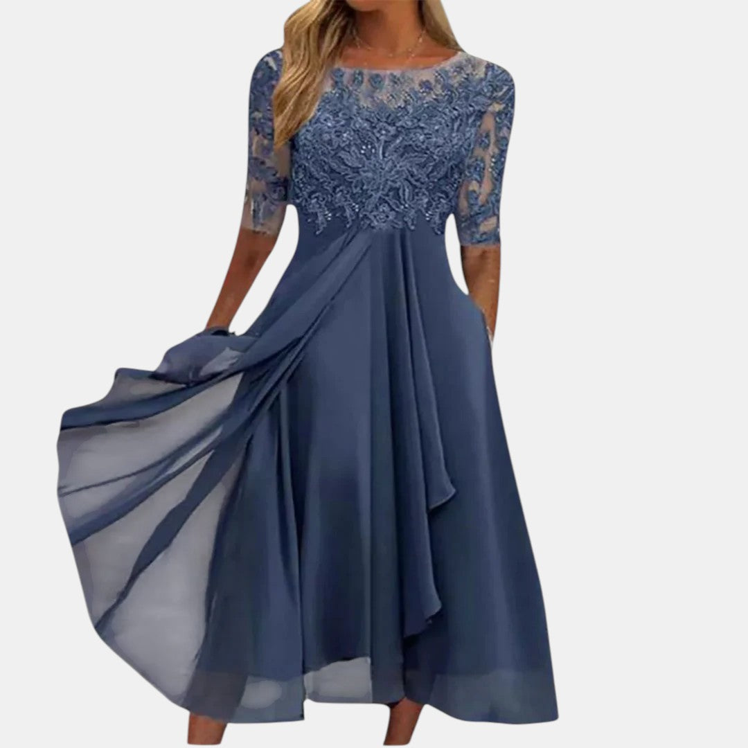 Calvira | Women's Lace Bodice Midi Dress - Blue - Image 1
