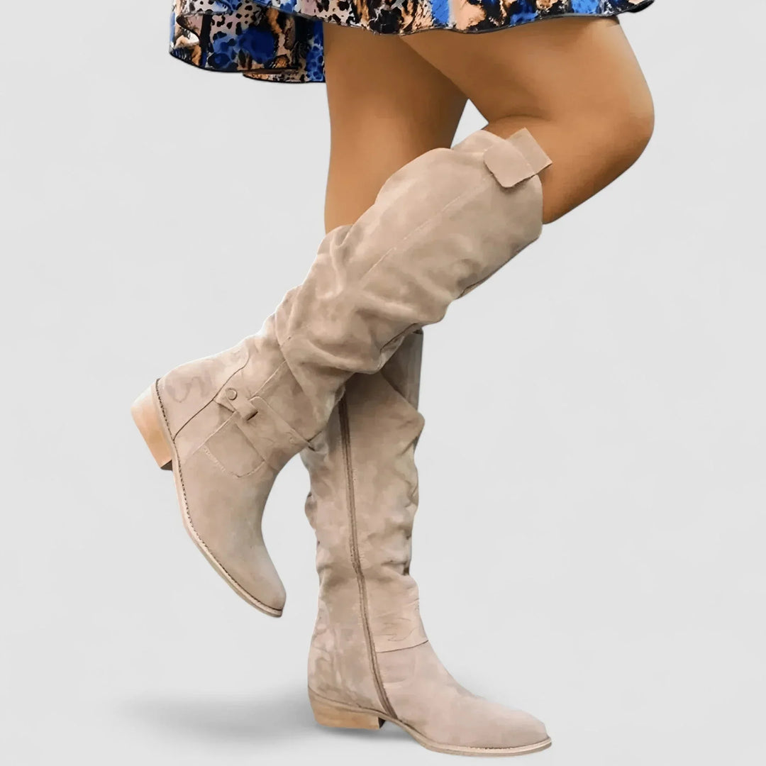 Calvira | Women's Slouchy Knee High Boots - Beige - Image 1