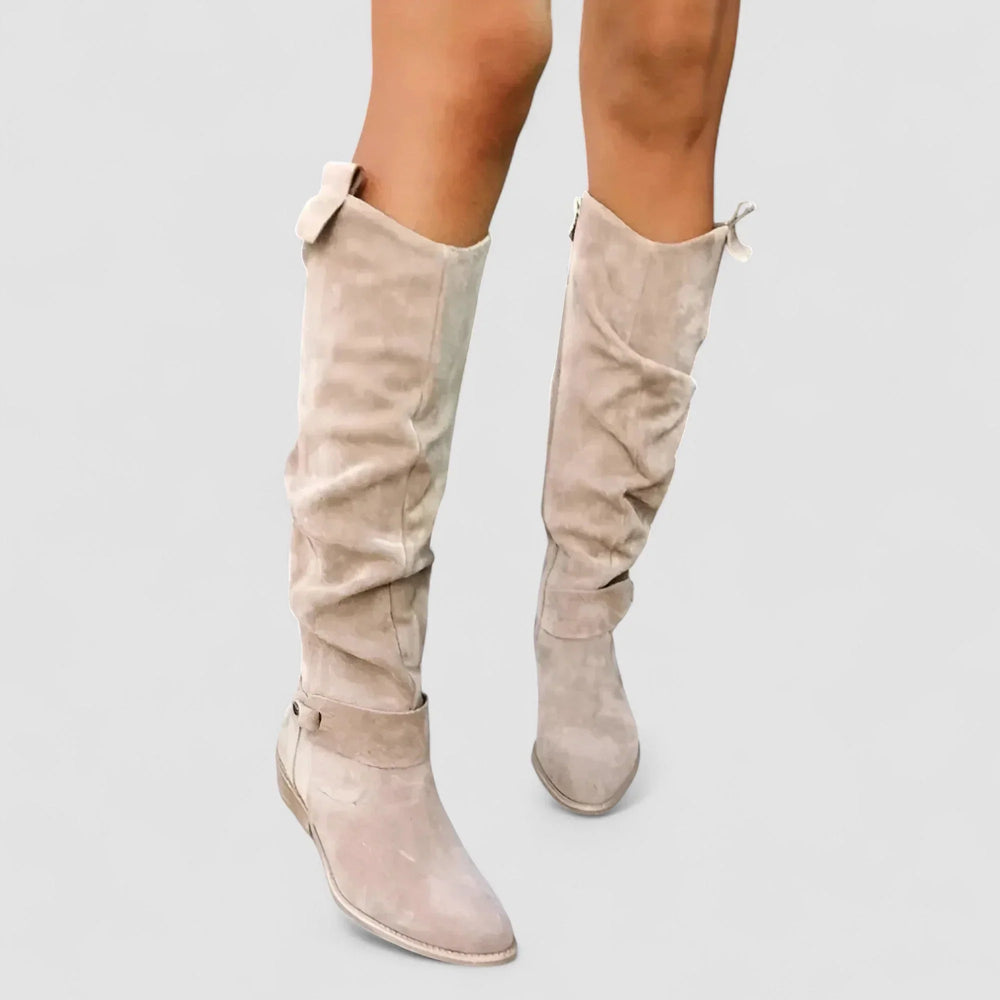 Calvira | Women's Slouchy Knee High Boots - Beige - Image 2