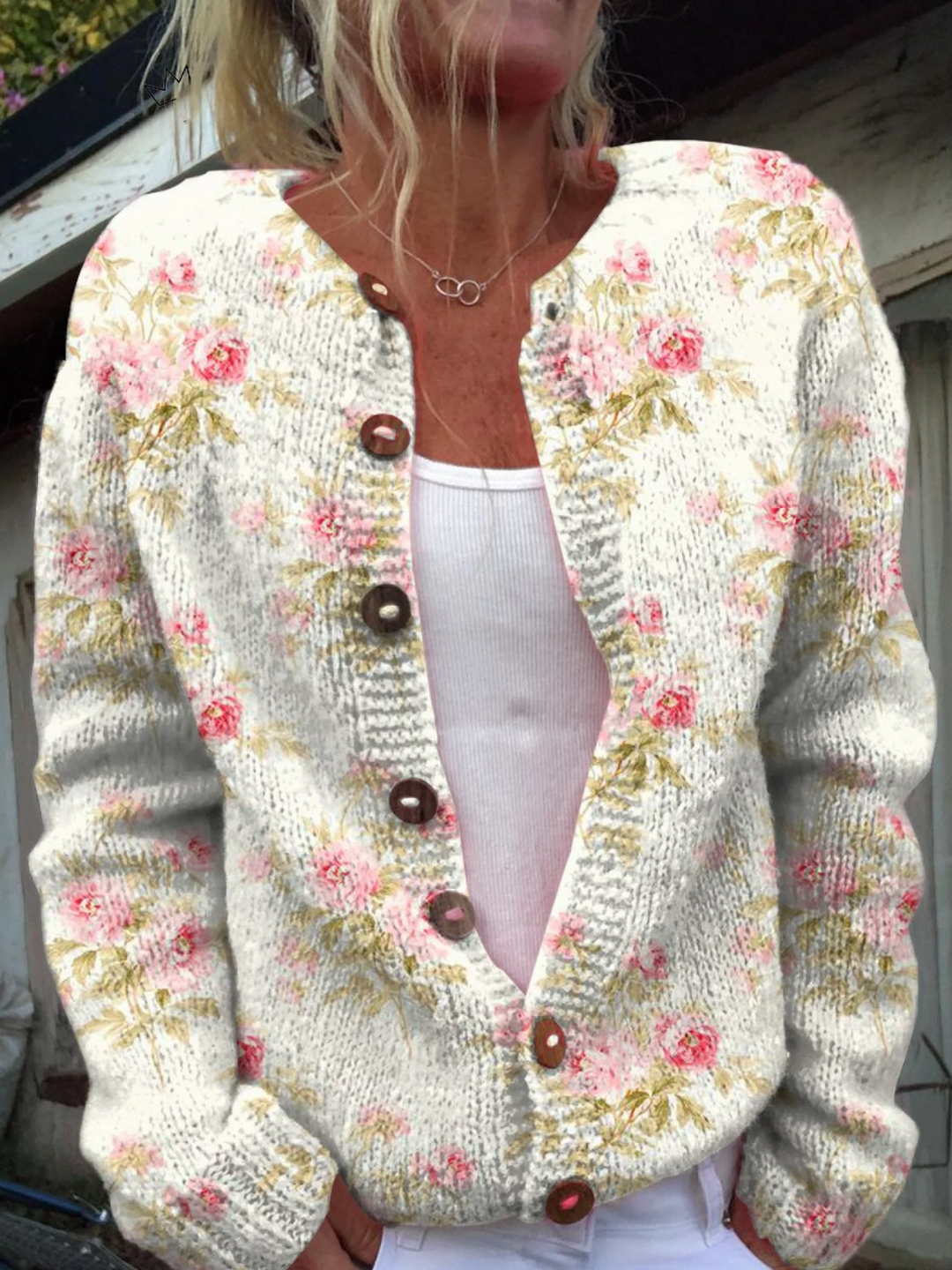 Celestra | Women's Floral Knit Cardigan - Cream - Image 1