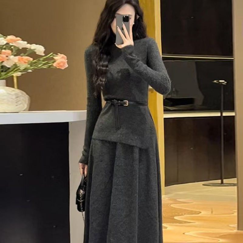 Celestwyn | Women's Belted Knit Midi Dress Long Sleeve - Image 1
