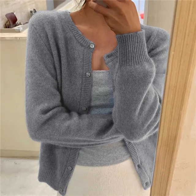 Celvara | Women's Button-Front Knit Cardigan - Grey - Image 1
