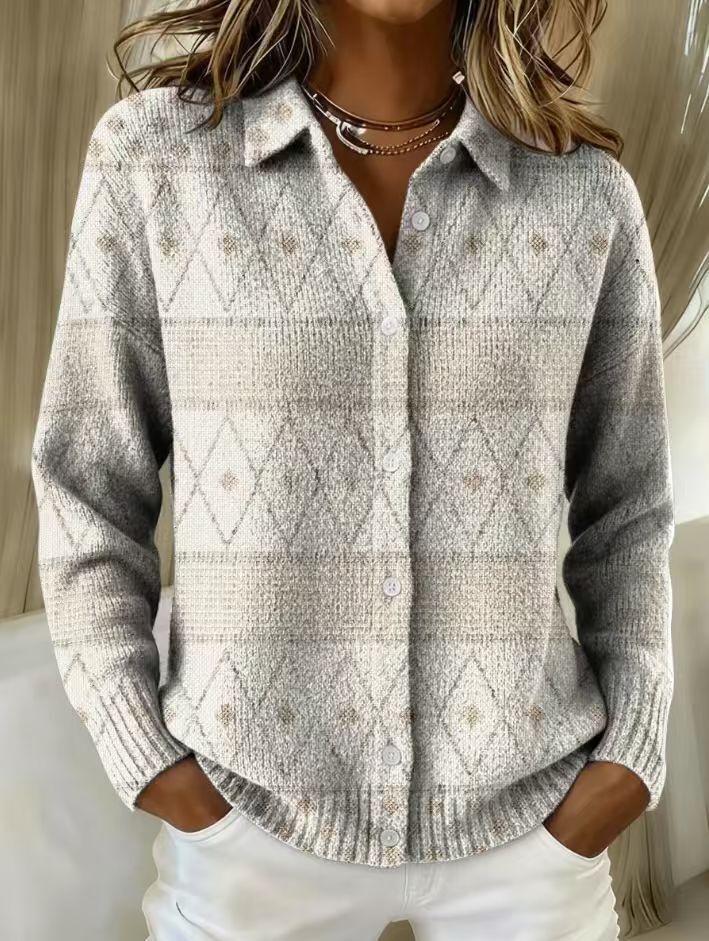 Celvenne | Women's Diamond Knit Button-Up Cardigan - Light Grey - Image 1