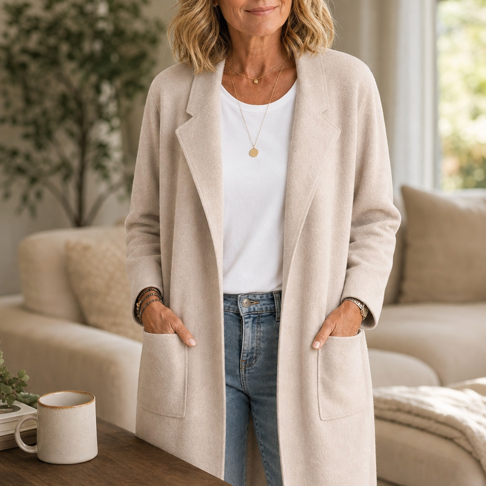 Celvorne | Women's Long Open-Front Winter Coat - Beige - Image 2