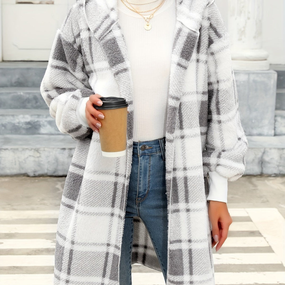 Clairmont | Women's Plaid Hooded Cardigan Coat - Grey - Image 1
