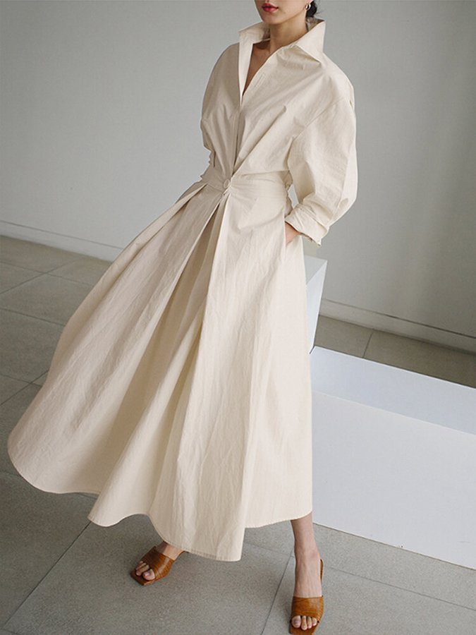 Claverne | Women's Fall Wedding Guest Midi Shirt Dress - Cream - Image 2