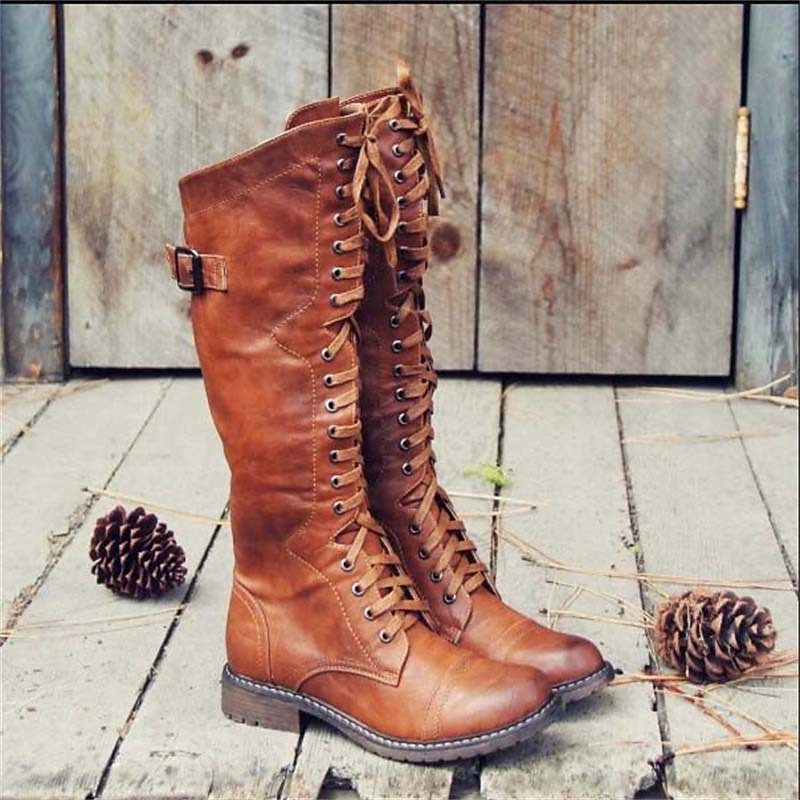 Claveth | Women's Knee High Lace-Up Riding Boots - Brown - Image 1