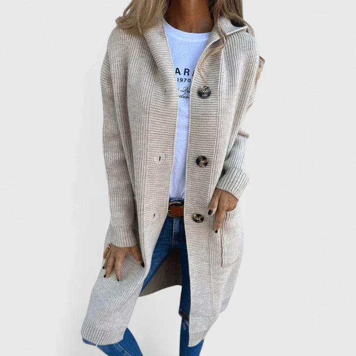 Colvenne | Women's Hooded Long Cardigan - Beige - Image 1