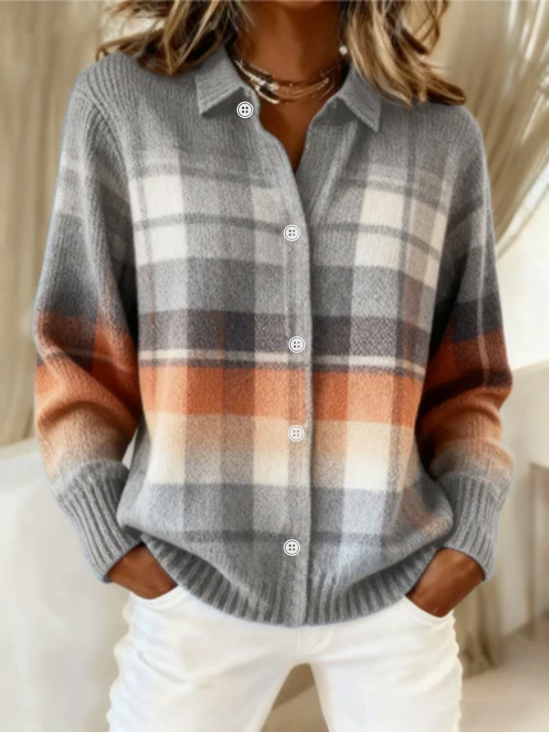 Corabel | Women's Plaid Button-Up Cardigan - Grey - Image 1
