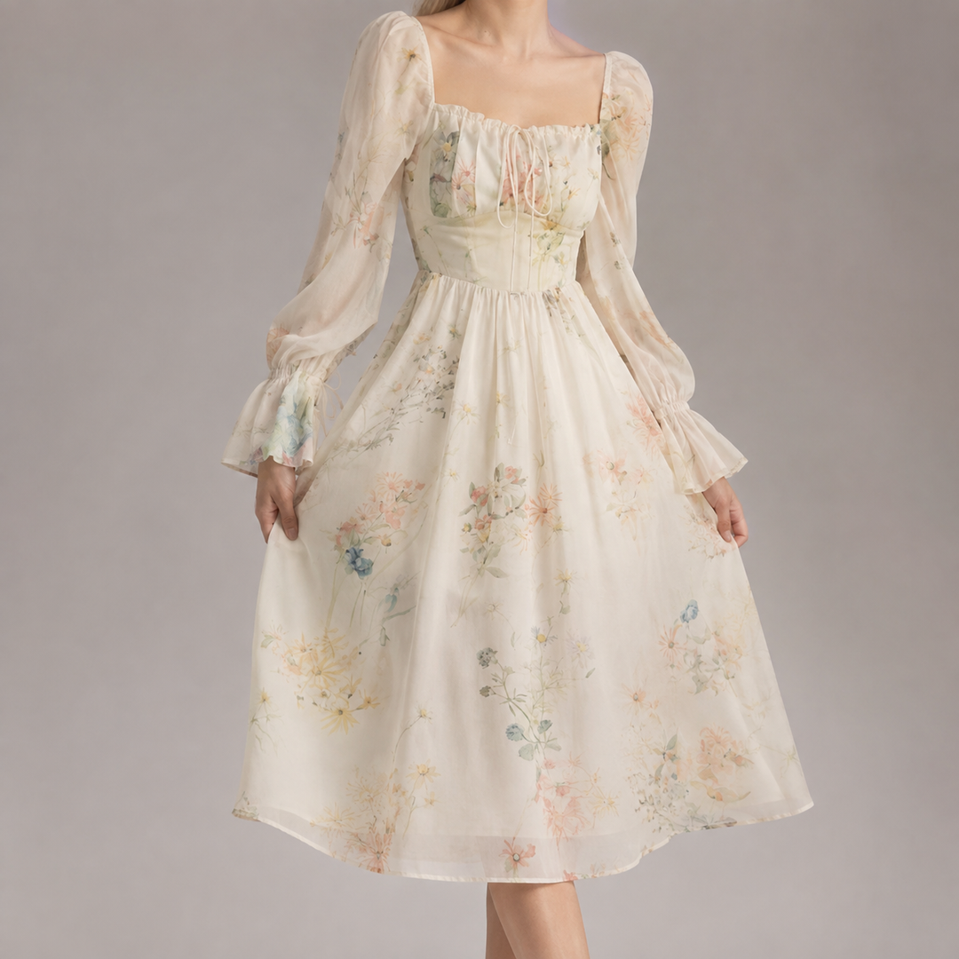 Coralie | Women's Floral Chiffon Midi Dress - Cream - Image 1