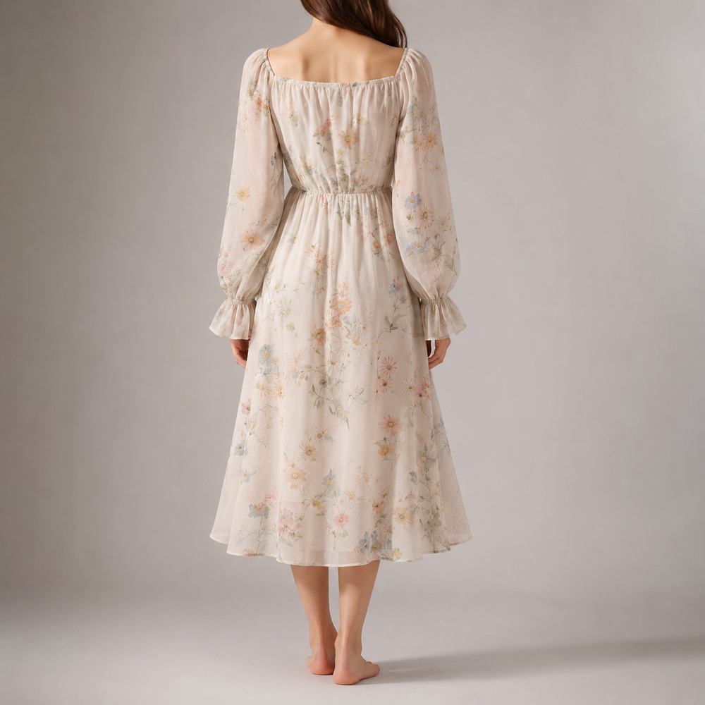 Coralie | Women's Floral Chiffon Midi Dress - Cream - Image 2