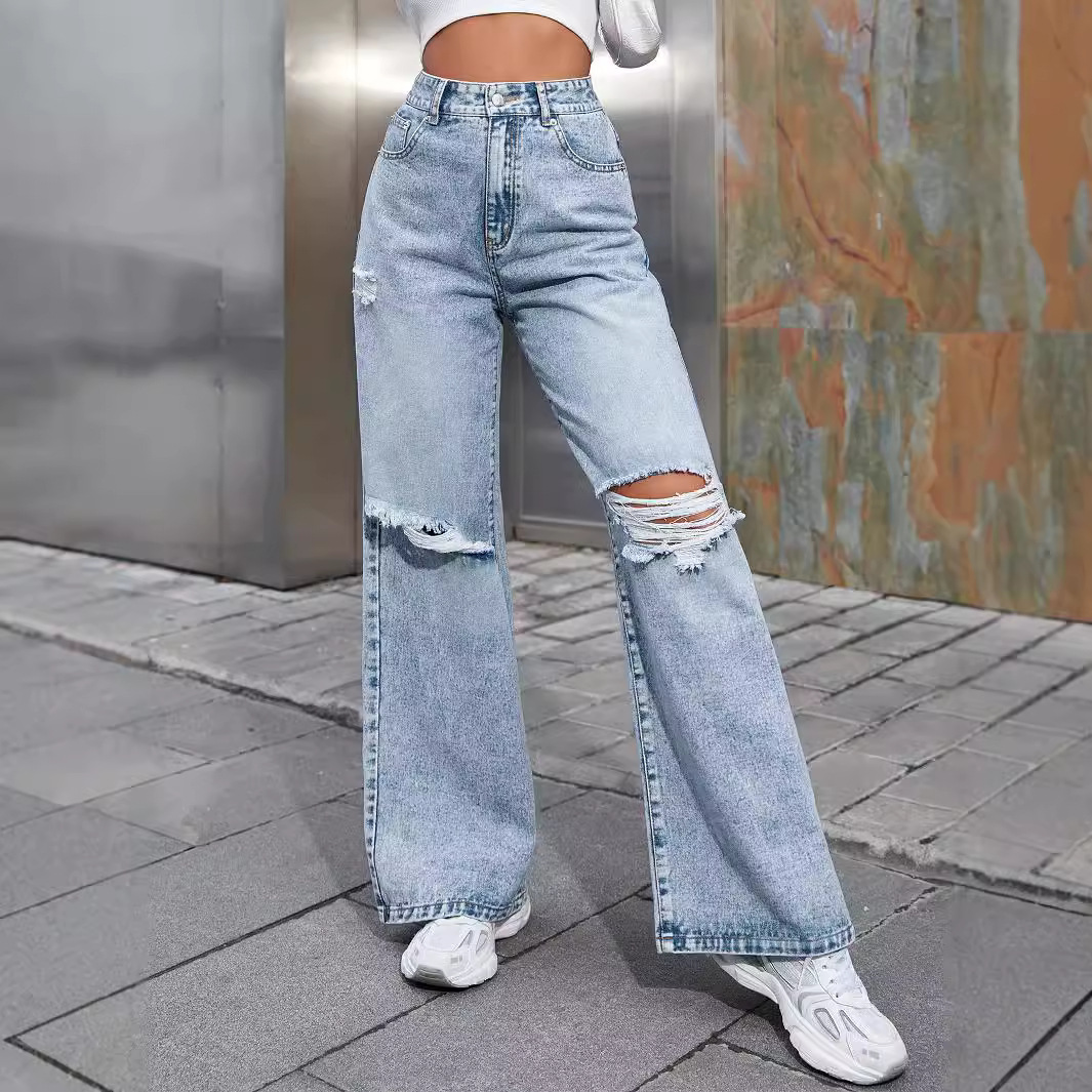 Cressida | Women's Baggy Wide Leg Ripped Jeans - Light Blue - Image 1