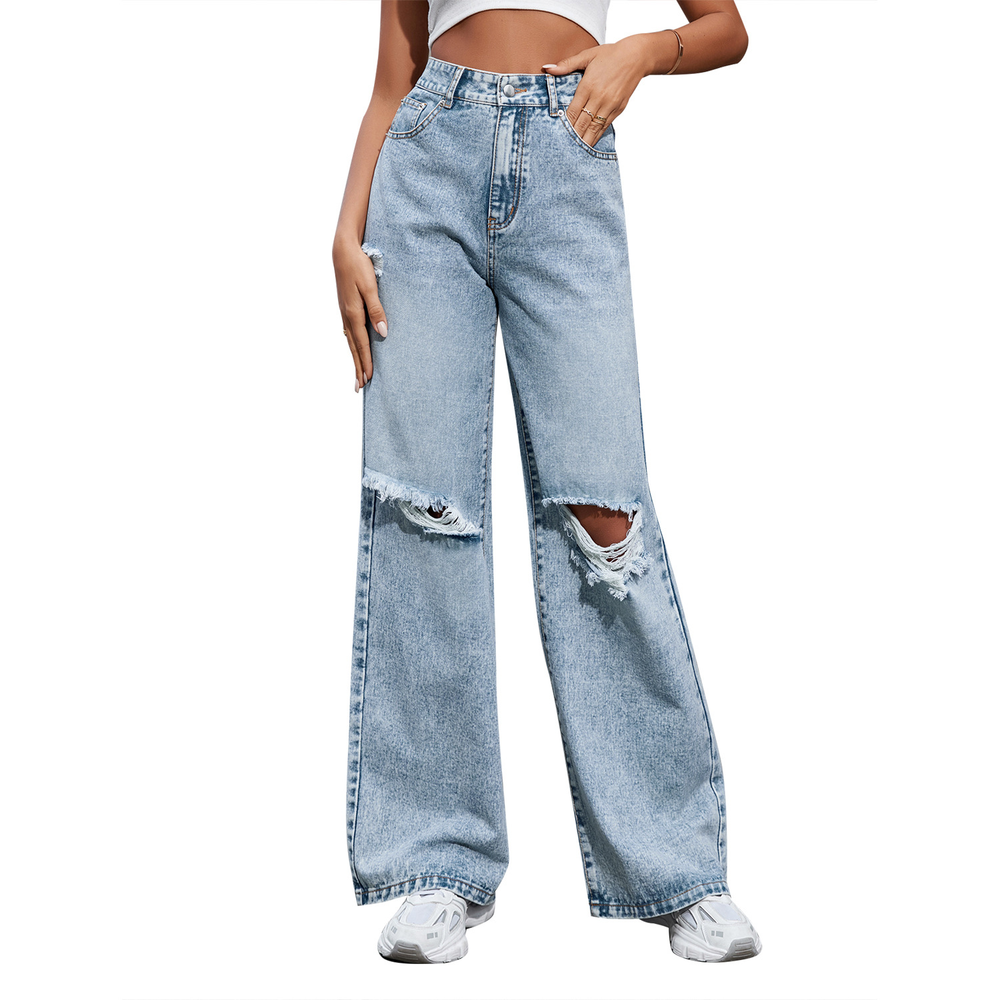 Cressida | Women's Baggy Wide Leg Ripped Jeans - Light Blue - Image 2