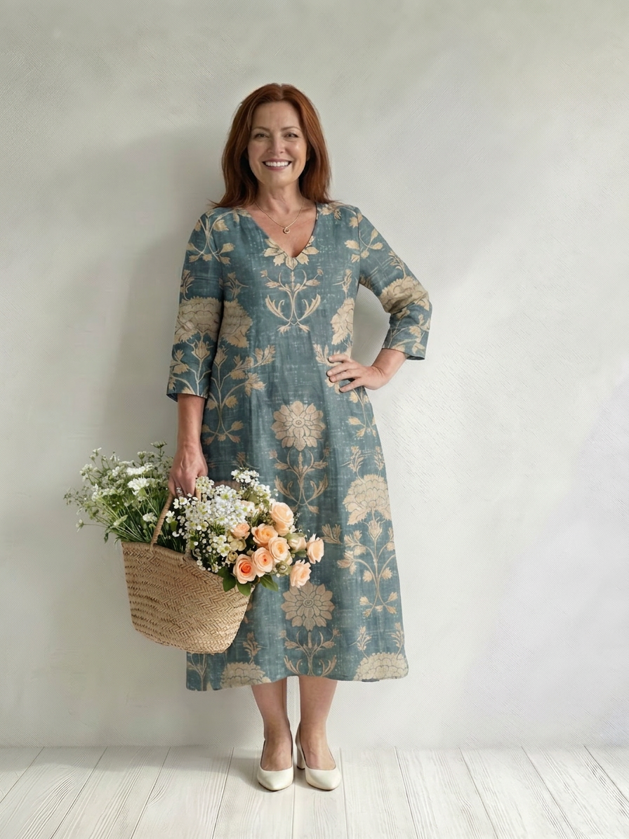 Delvara | Women's Floral Midi Dress 3/4 Sleeve - Teal - Image 1