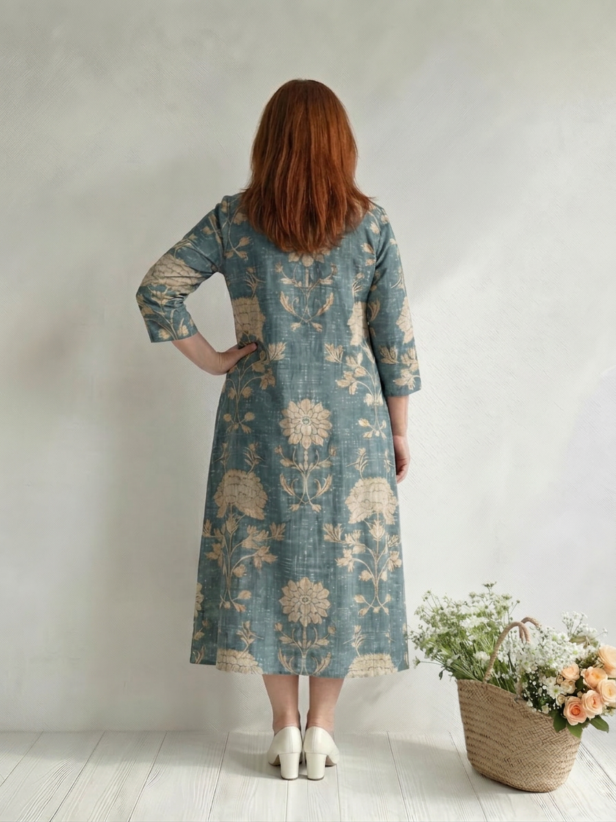 Delvara | Women's Floral Midi Dress 3/4 Sleeve - Teal - Image 2