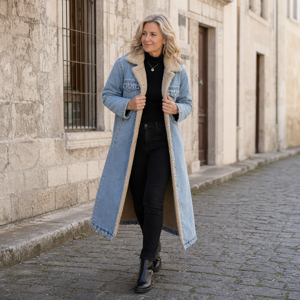 Delvara | Women's Sherpa-Lined Long Denim Winter Coat - Light Blue - Image 2