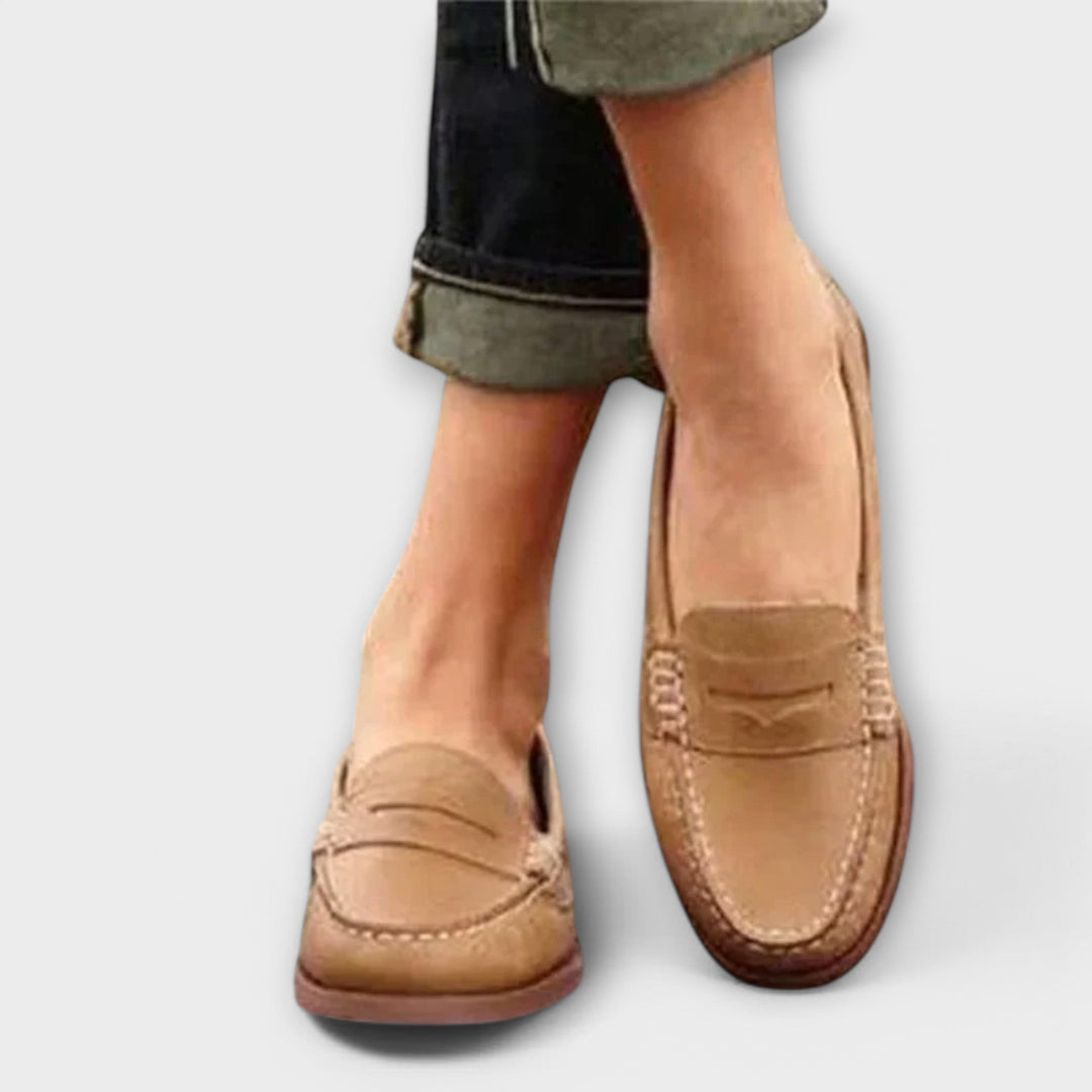 Delvine | Women's Penny Loafer Slip-On Flats - Beige - Image 1