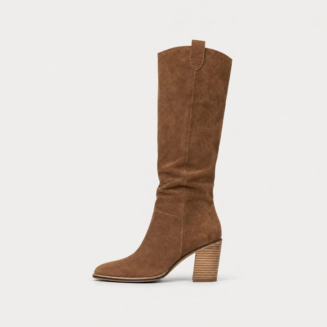 Delvora | Women's Knee High Block Heel Boots - Brown - Image 1