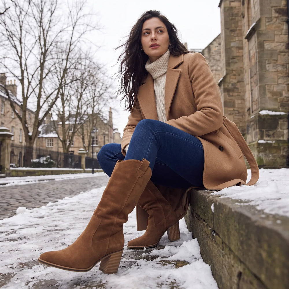 Delvora | Women's Knee High Block Heel Boots - Brown - Image 2