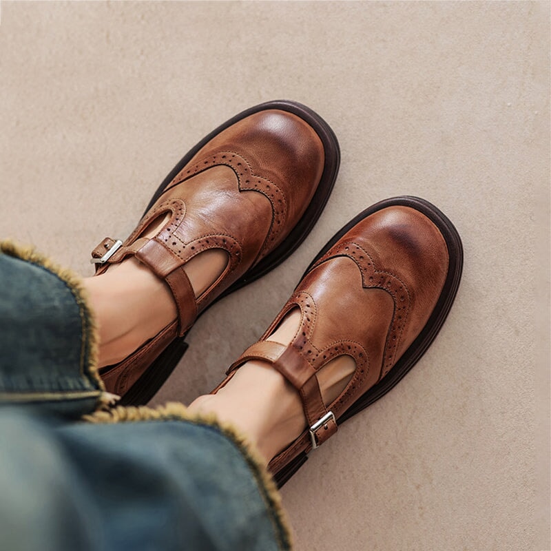 Delvorne | Women's Mary Jane Shoes Brogue T-Strap - Brown - Image 1