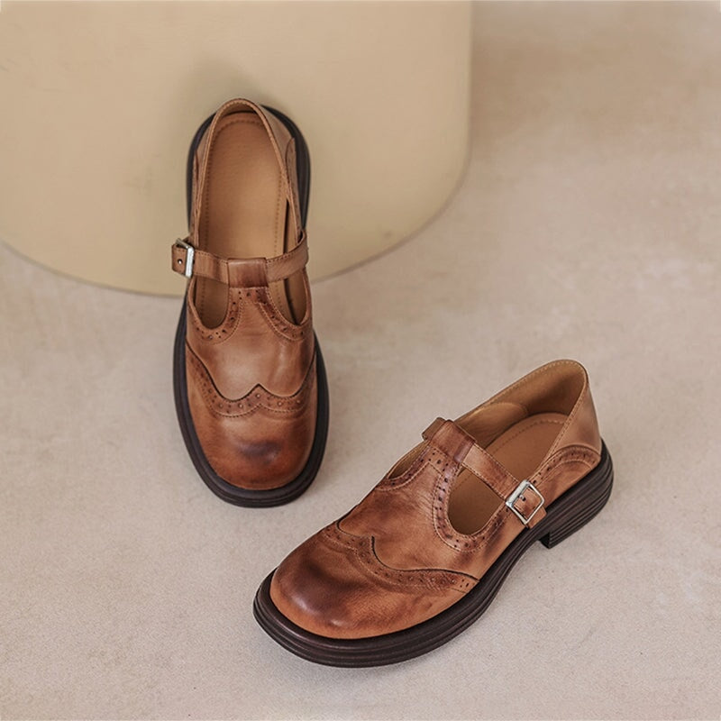 Delvorne | Women's Mary Jane Shoes Brogue T-Strap - Brown - Image 2