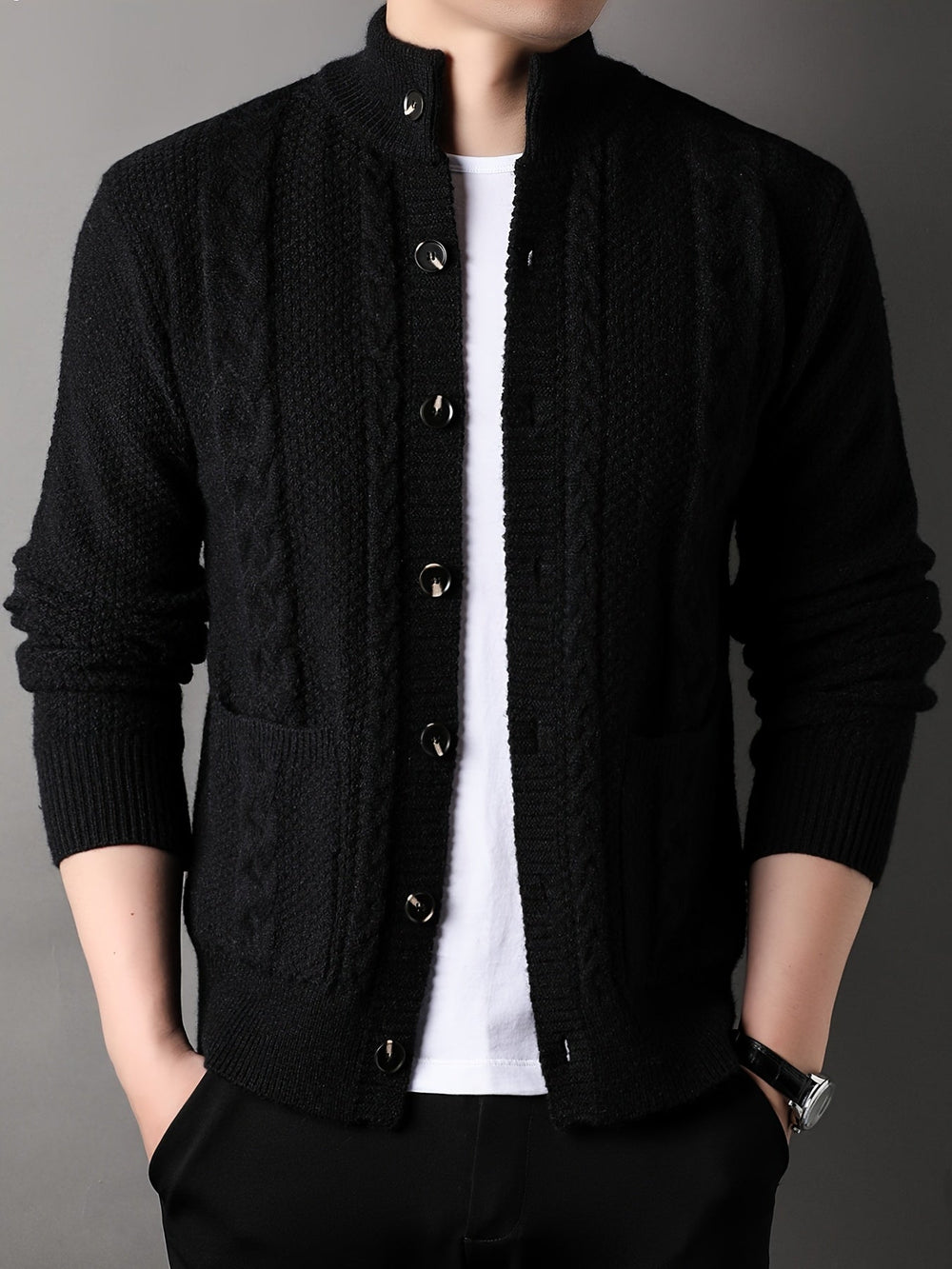 Dorilyn | Women's Cable Knit Button-Front Cardigan - Black - Image 2