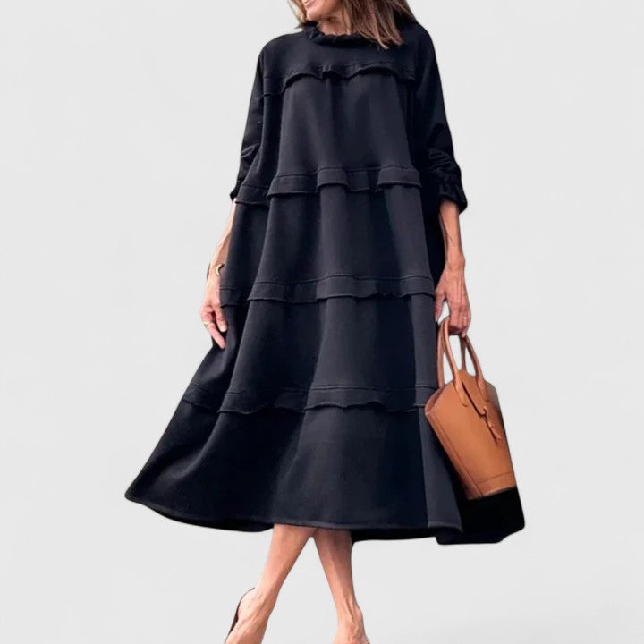 Doriwen | Women's Tiered Ruffle Midi Dress - Black - Image 1
