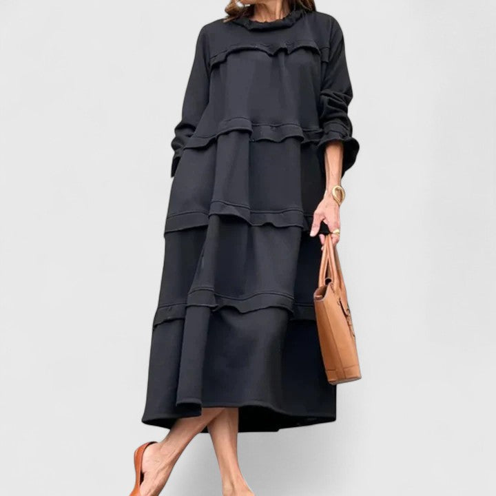 Doriwen | Women's Tiered Ruffle Midi Dress - Black - Image 2