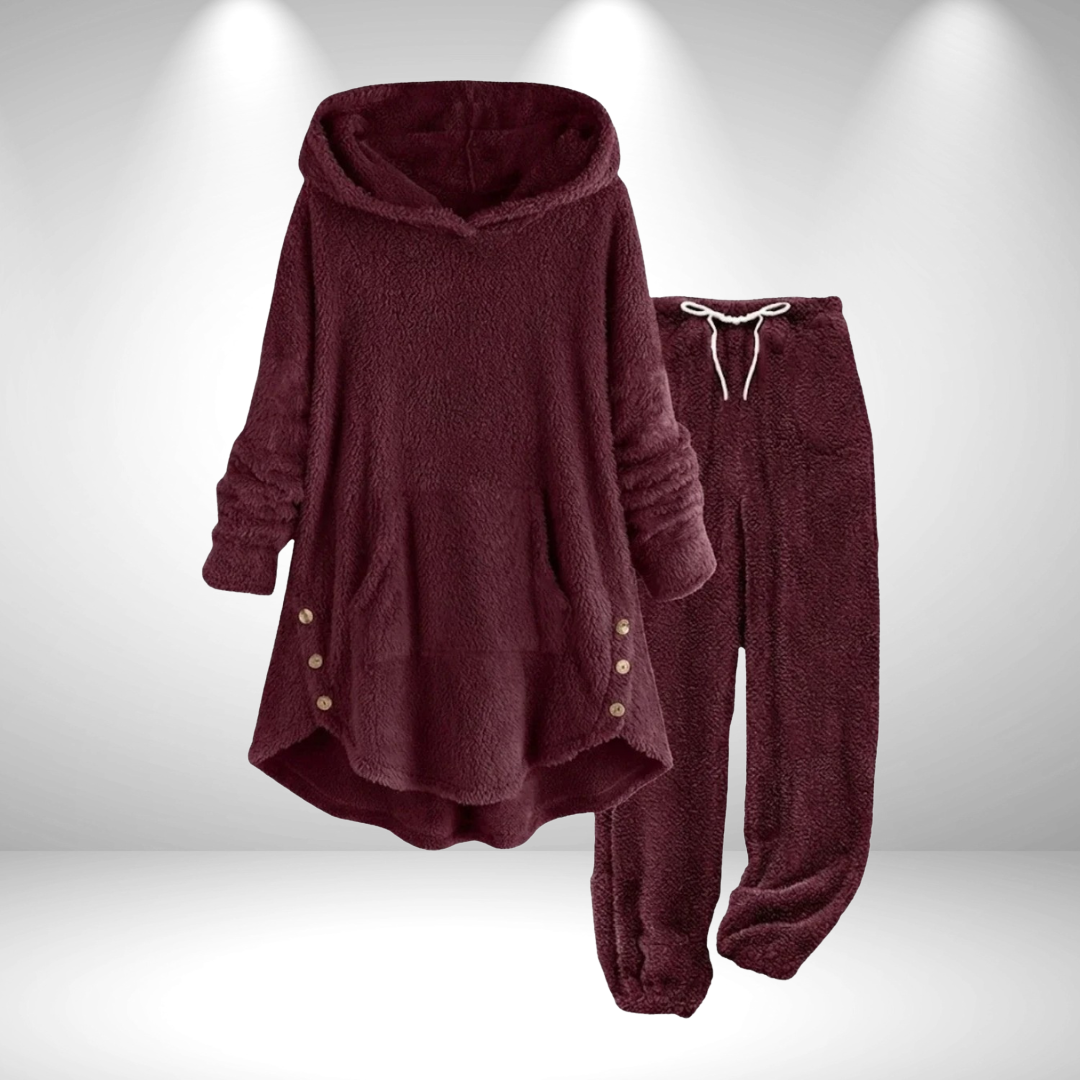 Dravelle | Women's Fleece Hoodie Tunic Lounge Set - Burgundy - Image 1