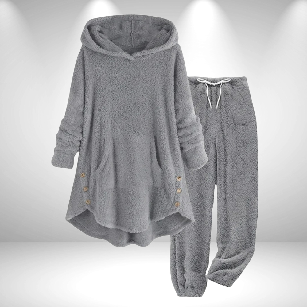 Dravelle | Women's Fleece Hoodie Tunic Lounge Set - Burgundy - Image 2