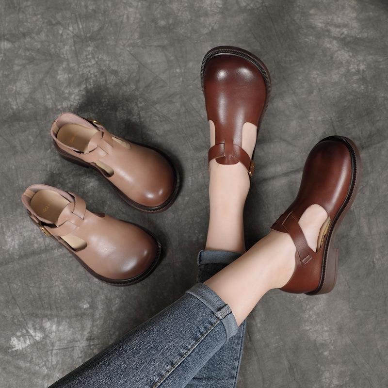 Dravelle | Women's Leather Mary Jane Flat Shoes - Brown - Image 1
