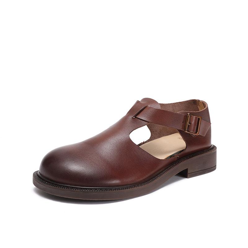 Dravelle | Women's Leather Mary Jane Flat Shoes - Brown - Image 2